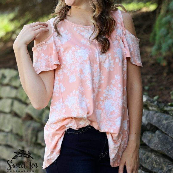 Summer Pink floral cold shoulder top - Picture 1 of 4